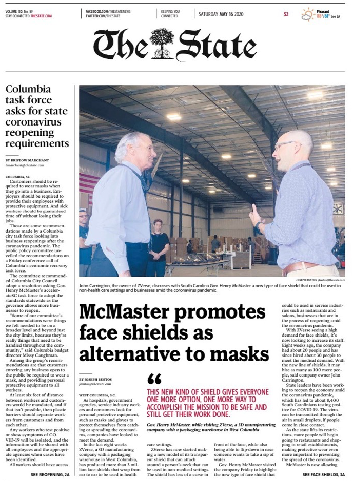 McMaster highlights face shields in West Columbia visit to 3D manufacturing company
